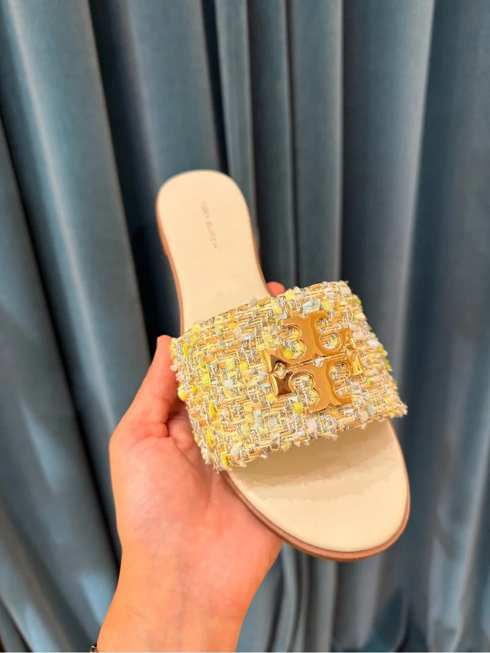 Tory Burch Everly Tweed Flat Slide Sandals Gold Logo Multicolor